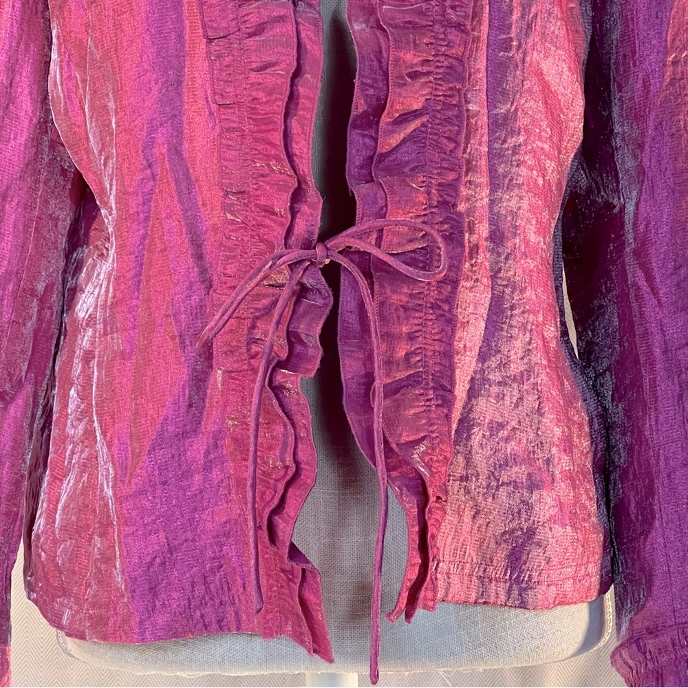 Rafael Jacket Pink Iridescent Open Front Small Tie Ruffle Front & Cuffs EUC 10 - Picture 3 of 8